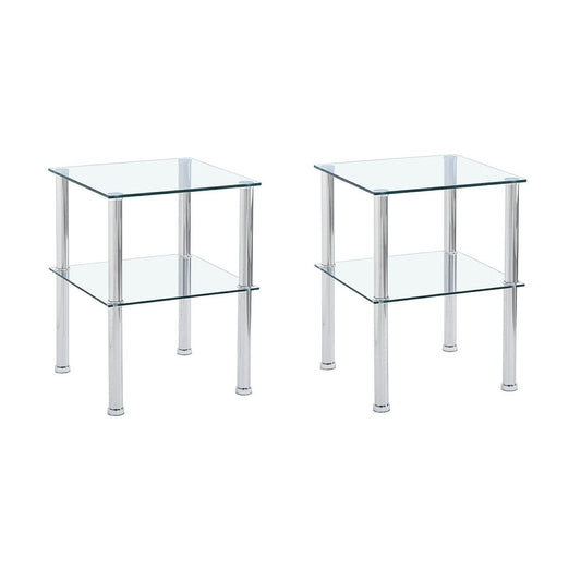 Set of Two Clear and Silver Glass and Metal Square End Tables With Shelf