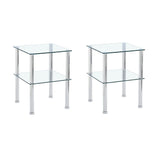 Set of Two Clear and Silver Glass and Metal Square End Tables With Shelf