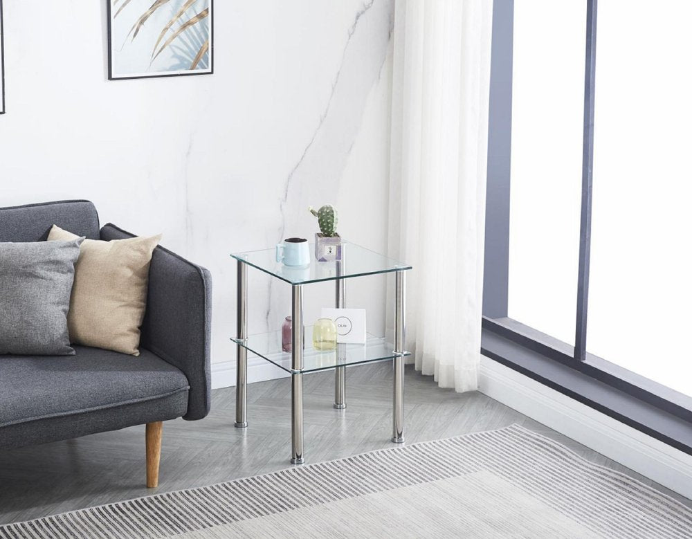 Set of Two Clear and Silver Glass and Metal Square End Tables With Shelf