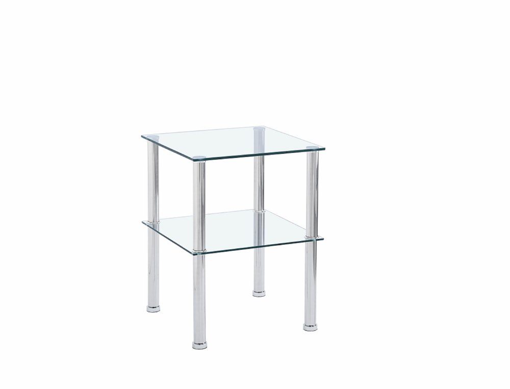 Set of Two Clear and Silver Glass and Metal Square End Tables With Shelf