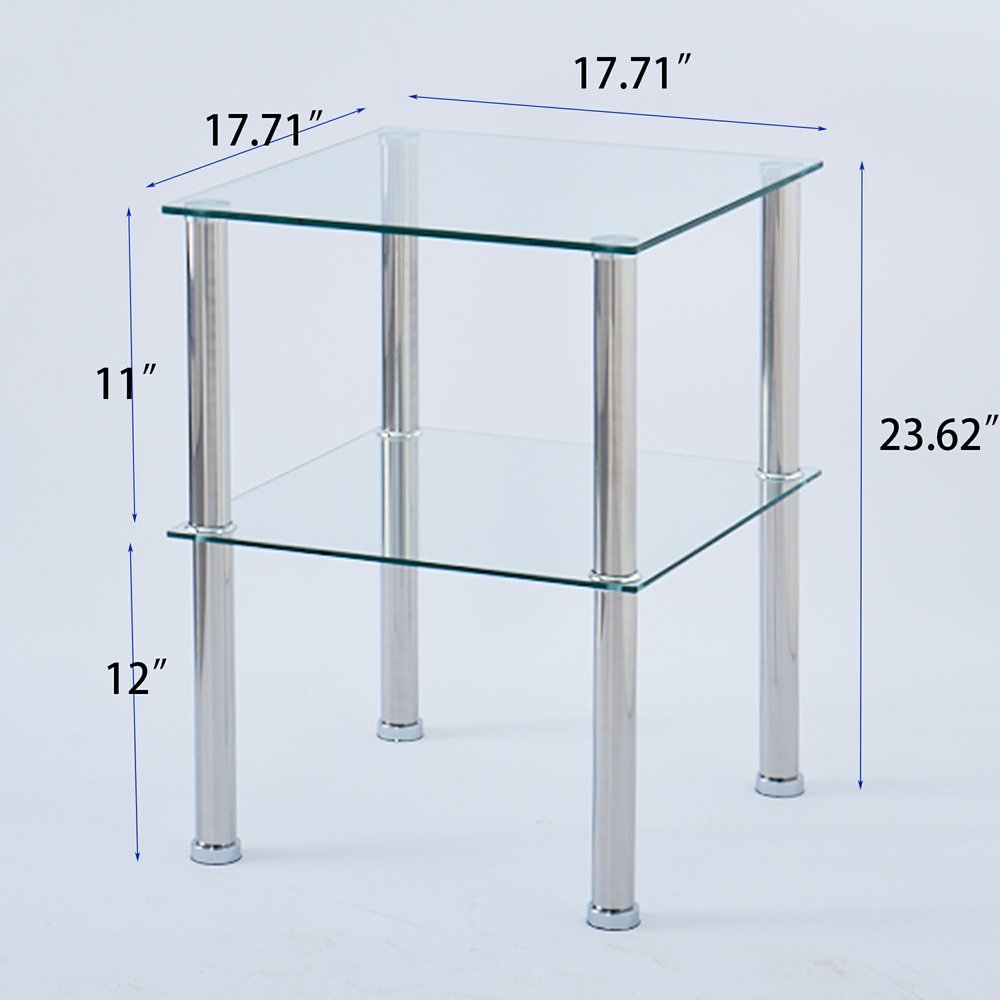 Set of Two Clear and Silver Glass and Metal Square End Tables With Shelf