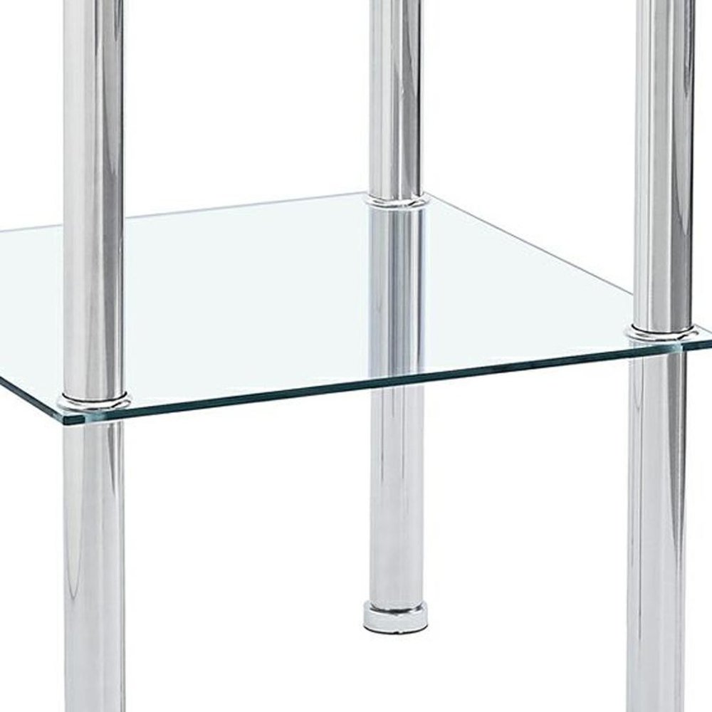 Set of Two Clear and Silver Glass and Metal Square End Tables With Shelf
