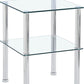Set of Two Clear and Silver Glass and Metal Square End Tables With Shelf