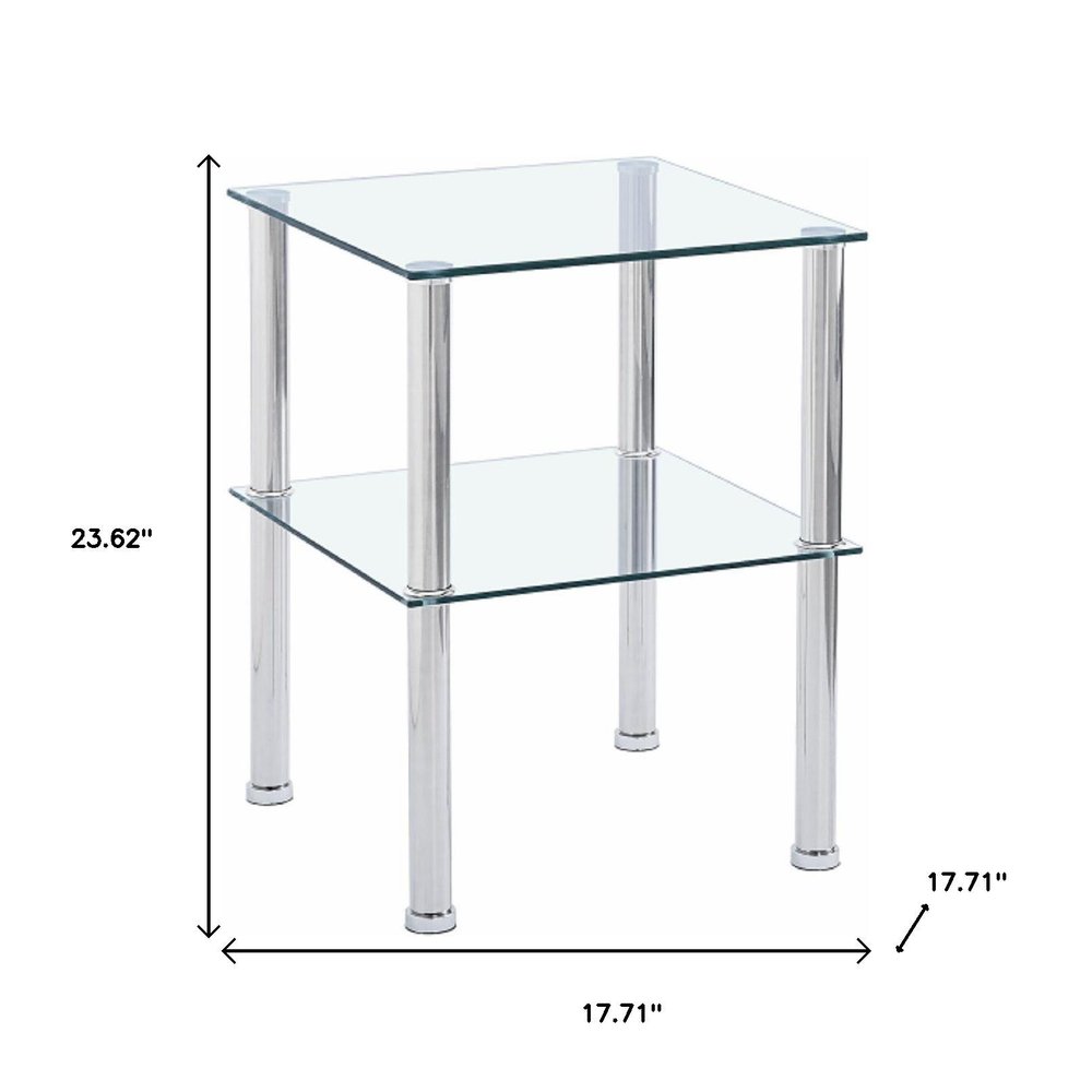 Set of Two Clear and Silver Glass and Metal Square End Tables With Shelf