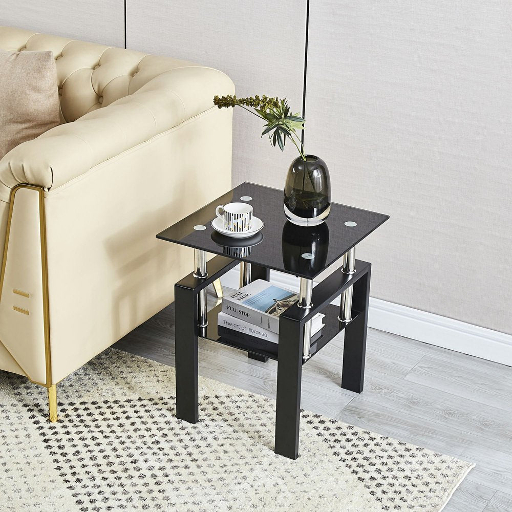 Black Glass and Metal Square End Tables With Shelf