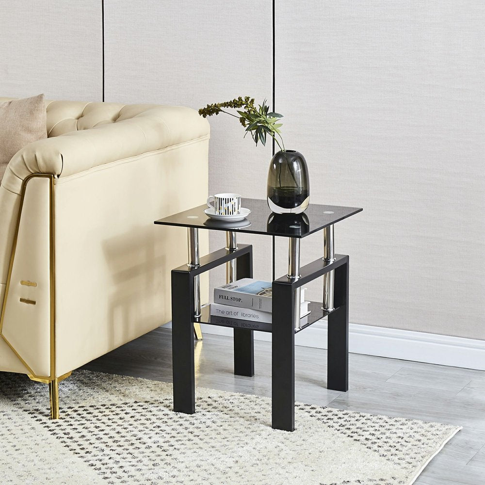 Black Glass and Metal Square End Tables With Shelf
