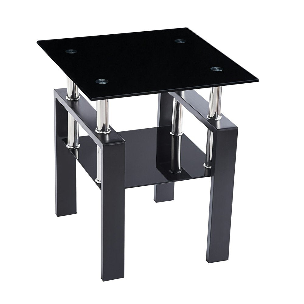 Black Glass and Metal Square End Tables With Shelf