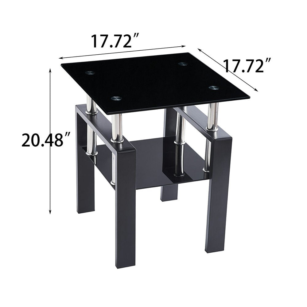 Black Glass and Metal Square End Tables With Shelf