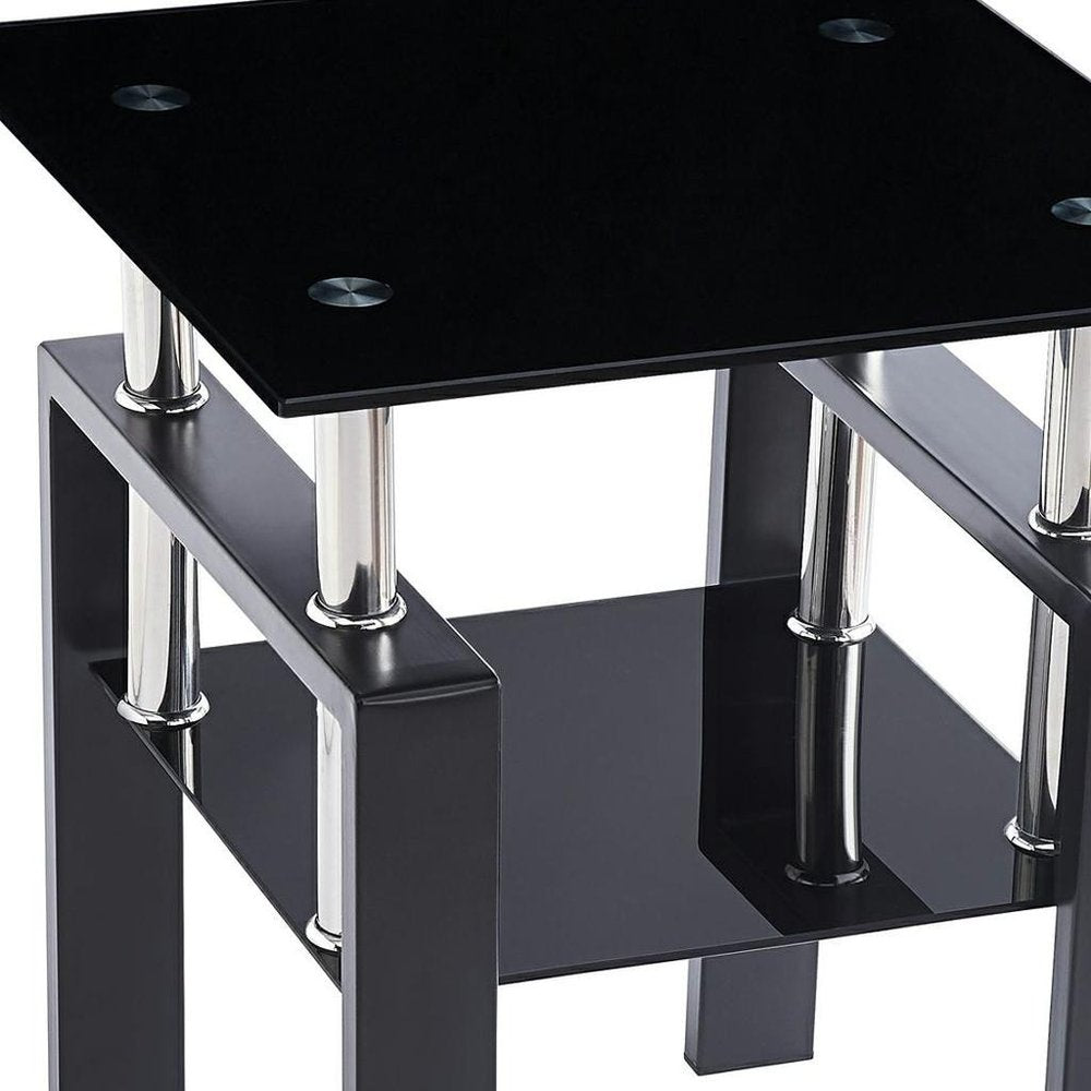 Black Glass and Metal Square End Tables With Shelf