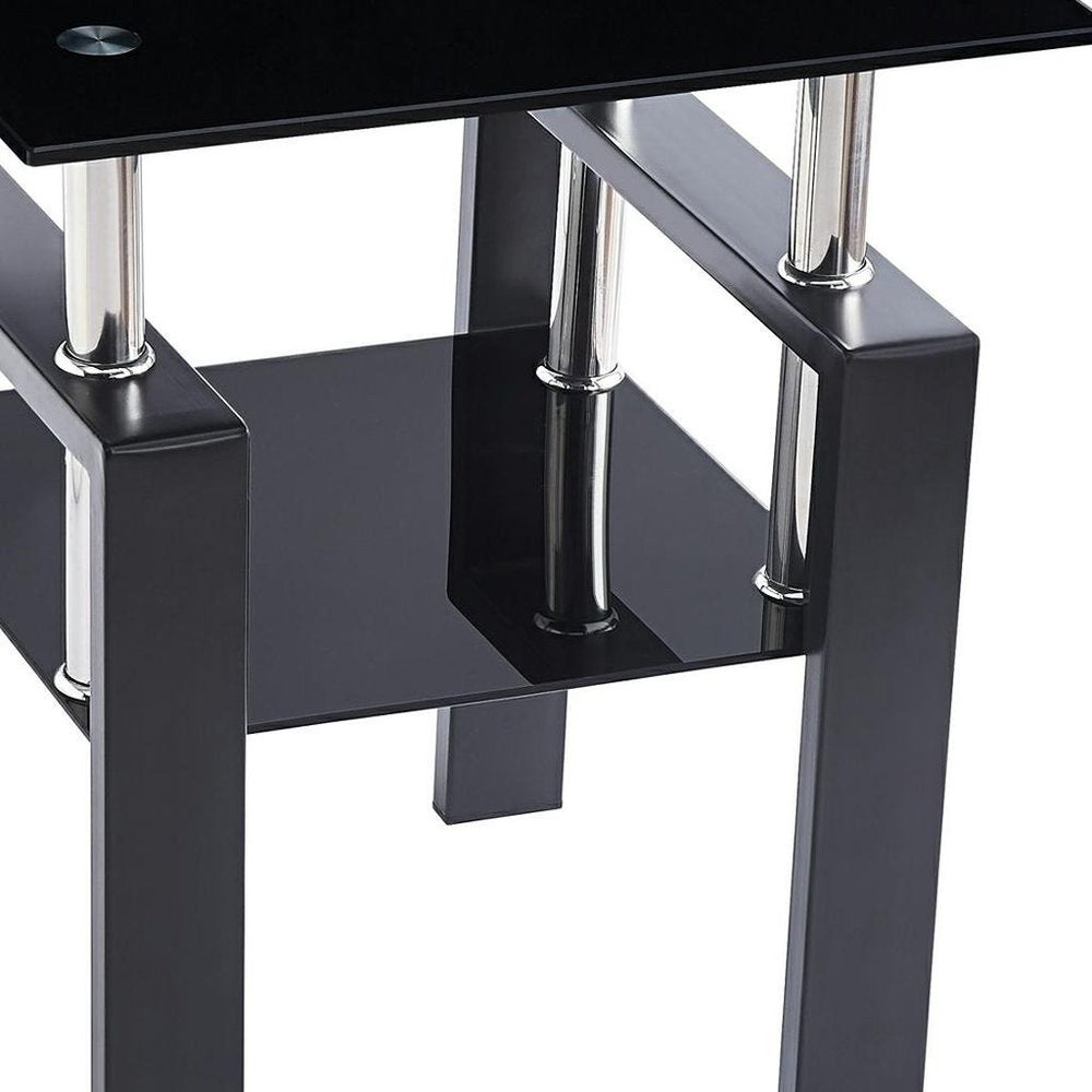 Set of Two Black Glass and Metal Square End Tables With Shelf