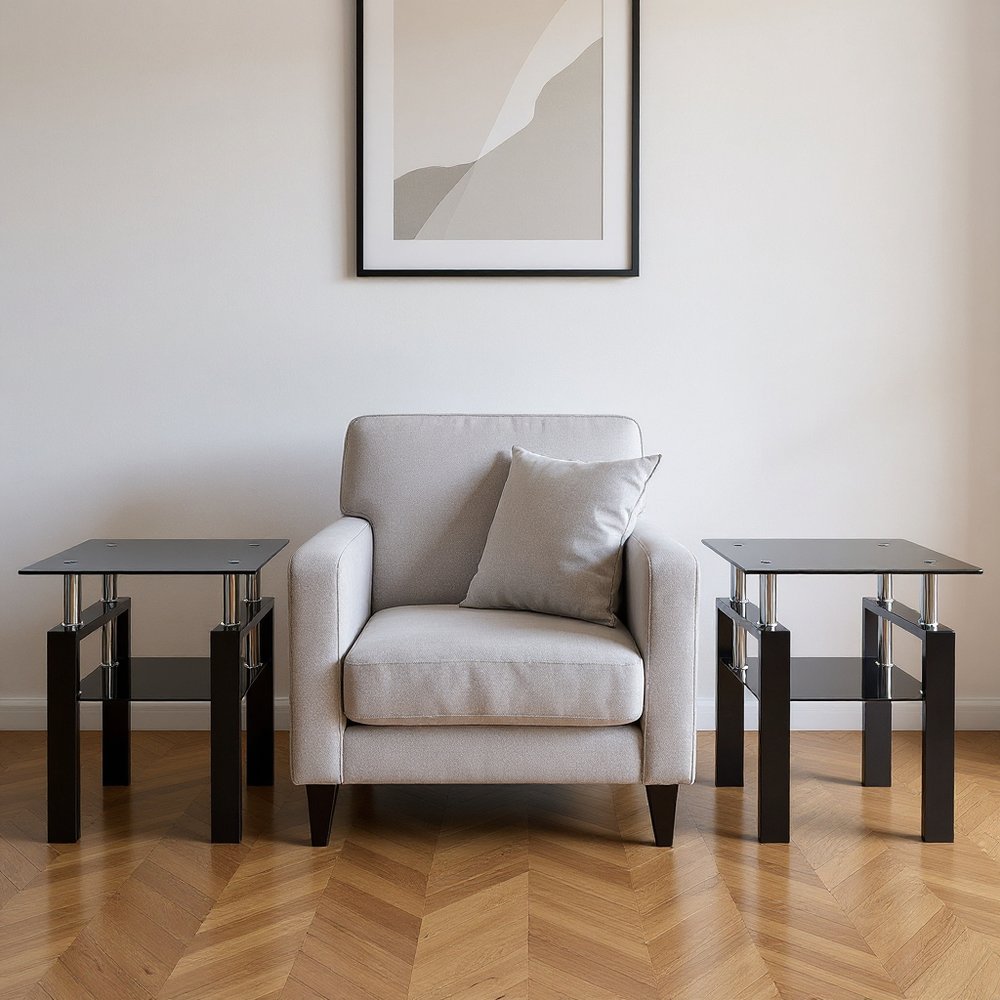 Set of Two Black Glass and Metal Square End Tables With Shelf