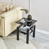 Set of Two Black Glass and Metal Square End Tables With Shelf