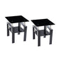 Set of Two Black Glass and Metal Square End Tables With Shelf