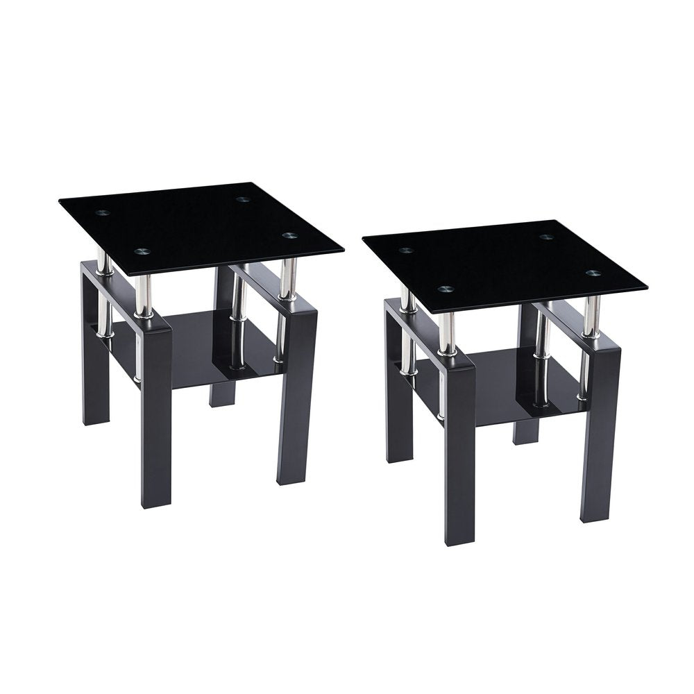 Set of Two Black Glass and Metal Square End Tables With Shelf