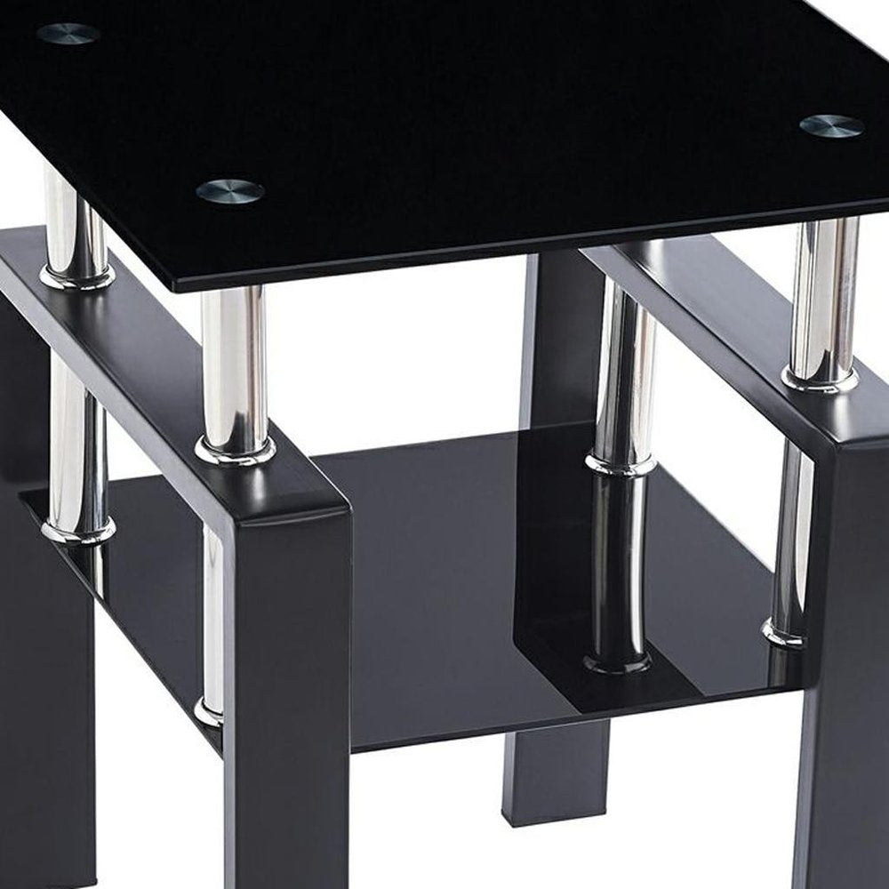 Set of Two Black Glass and Metal Square End Tables With Shelf