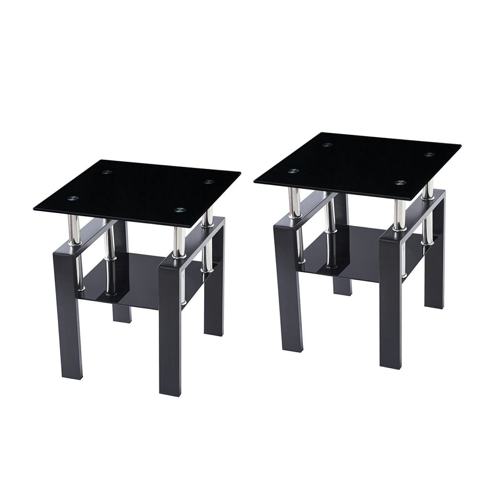 Set of Two Black Glass and Metal Square End Tables With Shelf