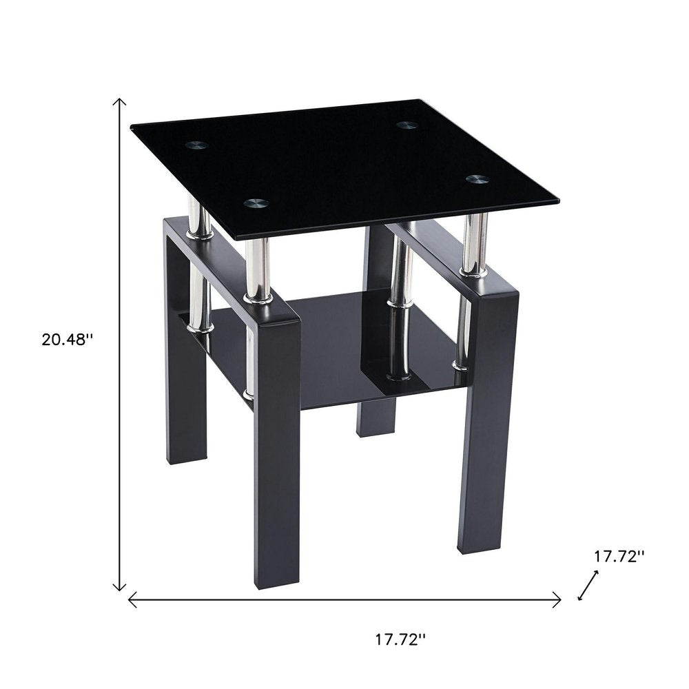 Set of Two Black Glass and Metal Square End Tables With Shelf