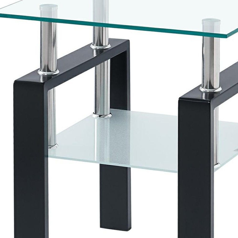 Set of Two Clear and Black Glass and Metal Square End Tables With Shelf
