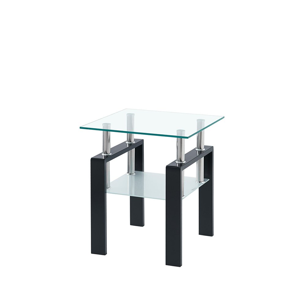 Set of Two Clear and Black Glass and Metal Square End Tables With Shelf