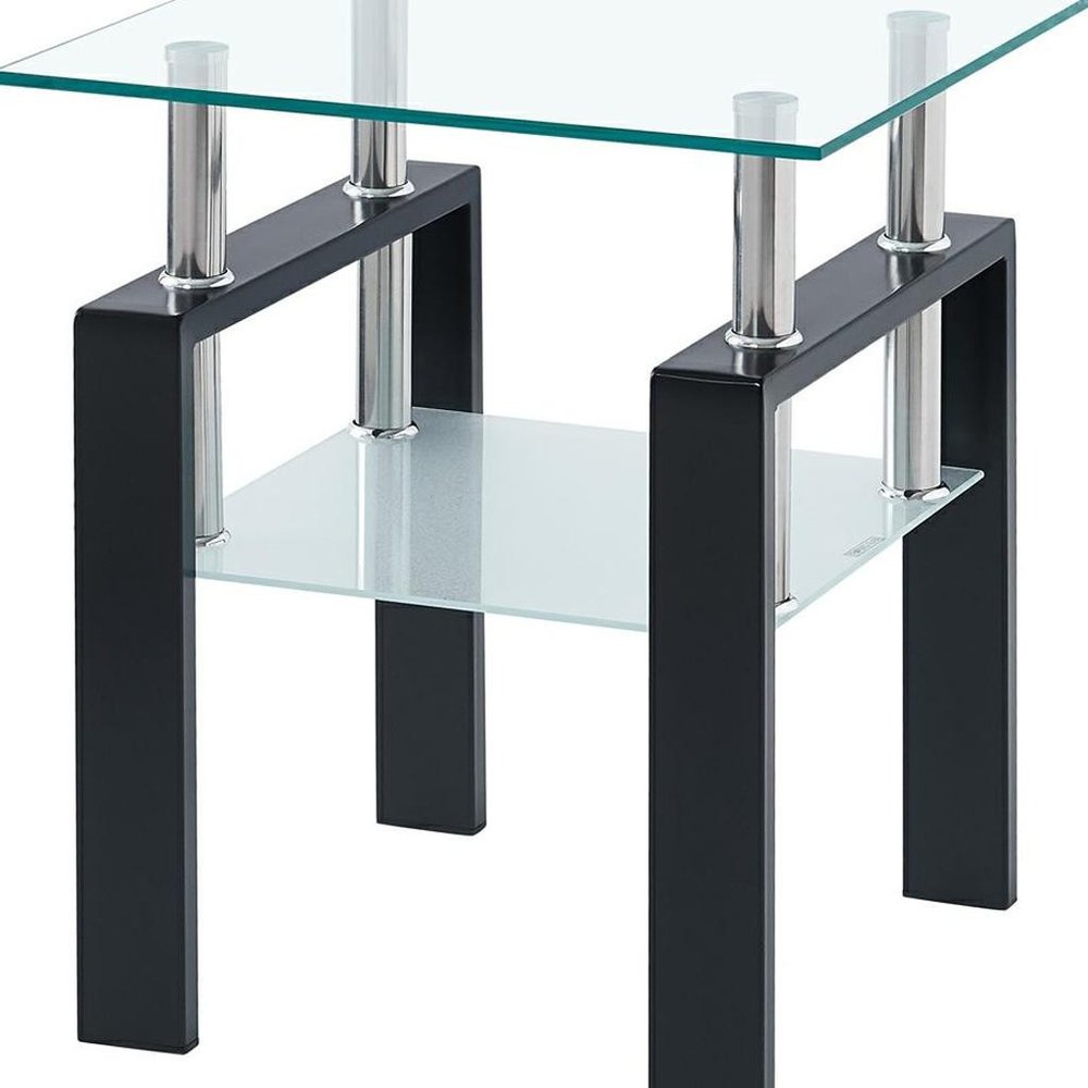 Set of Two Clear and Black Glass and Metal Square End Tables With Shelf