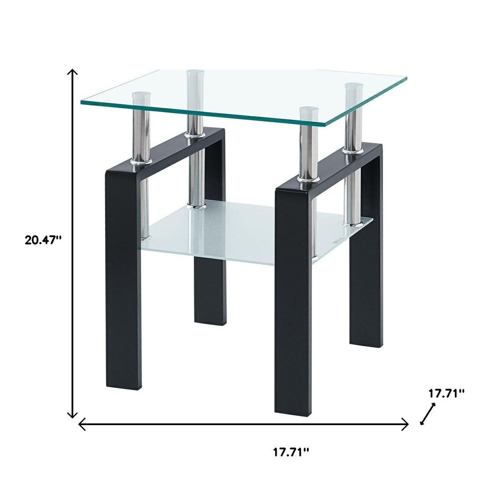 Set of Two Clear and Black Glass and Metal Square End Tables With Shelf