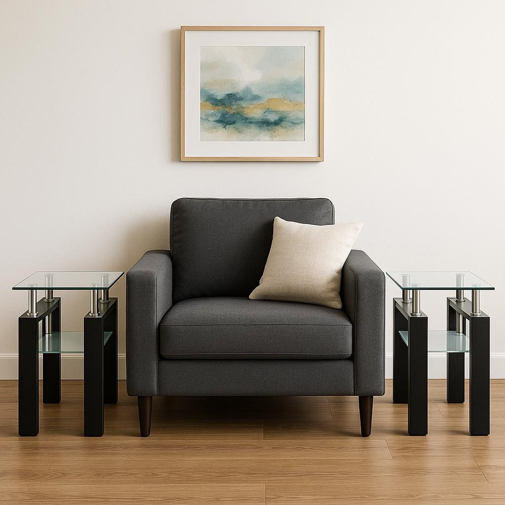 Set of Two Clear and Black Glass and Metal Square End Tables With Shelf