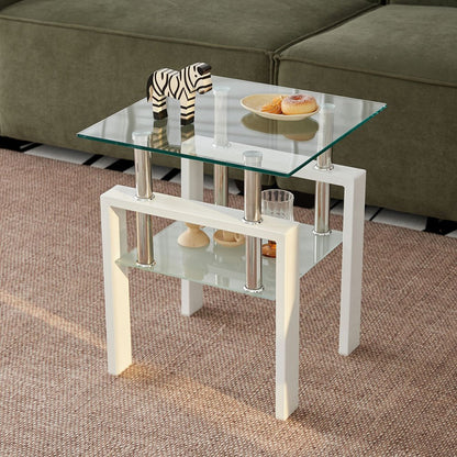 20" Clear and White Glass and Metal Square End Table With Shelf