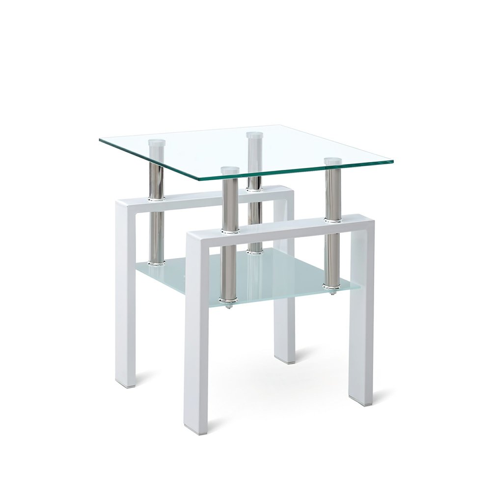 20" Clear and White Glass and Metal Square End Table With Shelf