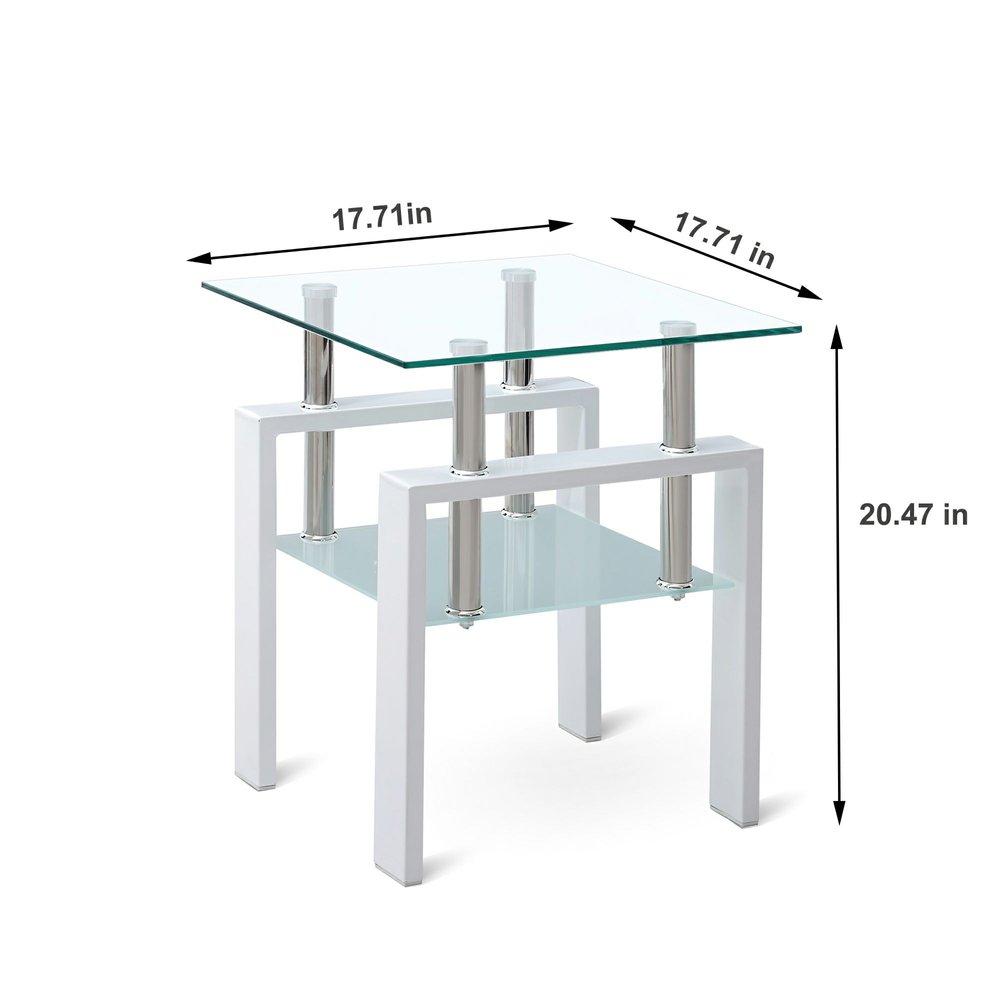 20" Clear and White Glass and Metal Square End Table With Shelf