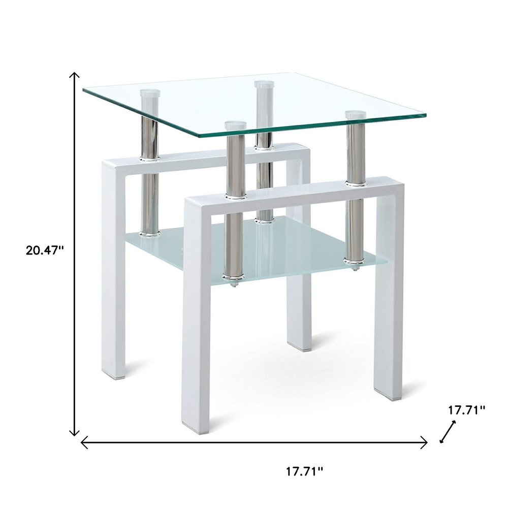 20" Clear and White Glass and Metal Square End Table With Shelf