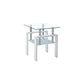Set of Two Clear and White Glass and Metal Square End Tables With Shelf