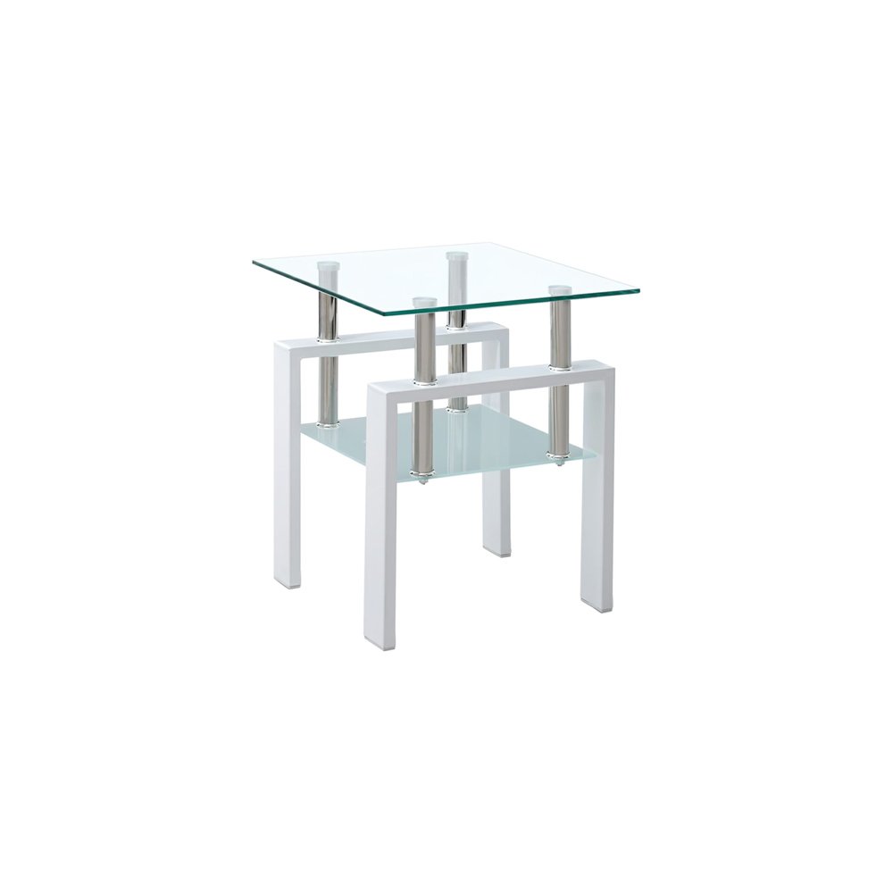 Set of Two Clear and White Glass and Metal Square End Tables With Shelf