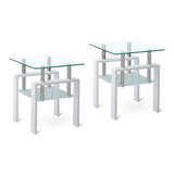 Set of Two Clear and White Glass and Metal Square End Tables With Shelf