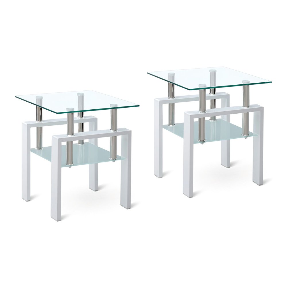 Set of Two Clear and White Glass and Metal Square End Tables With Shelf