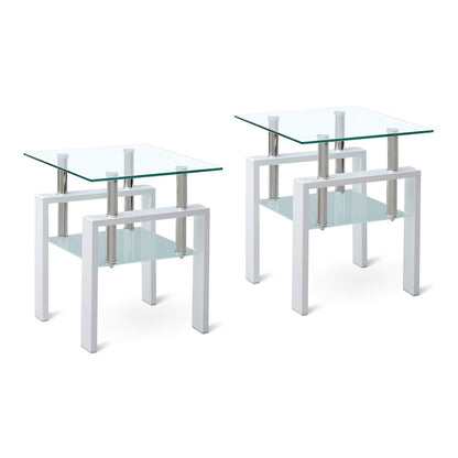 Set of Two Clear and White Glass and Metal Square End Tables With Shelf
