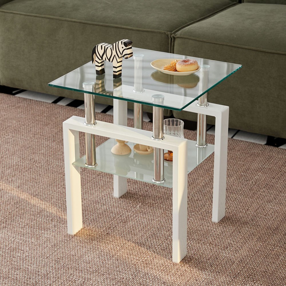 Set of Two Clear and White Glass and Metal Square End Tables With Shelf