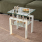 Set of Two Clear and White Glass and Metal Square End Tables With Shelf