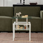 Set of Two Clear and White Glass and Metal Square End Tables With Shelf
