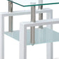 Set of Two Clear and White Glass and Metal Square End Tables With Shelf