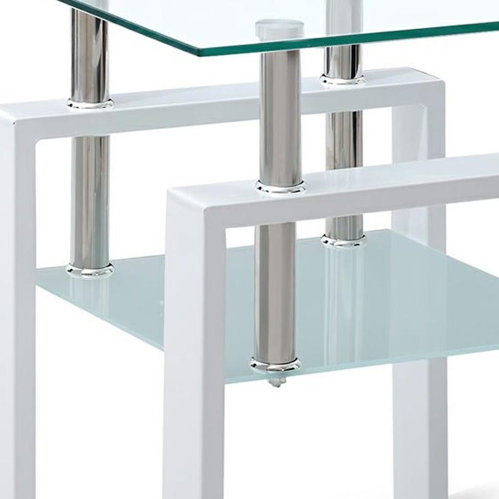 Set of Two Clear and White Glass and Metal Square End Tables With Shelf