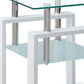 Set of Two Clear and White Glass and Metal Square End Tables With Shelf