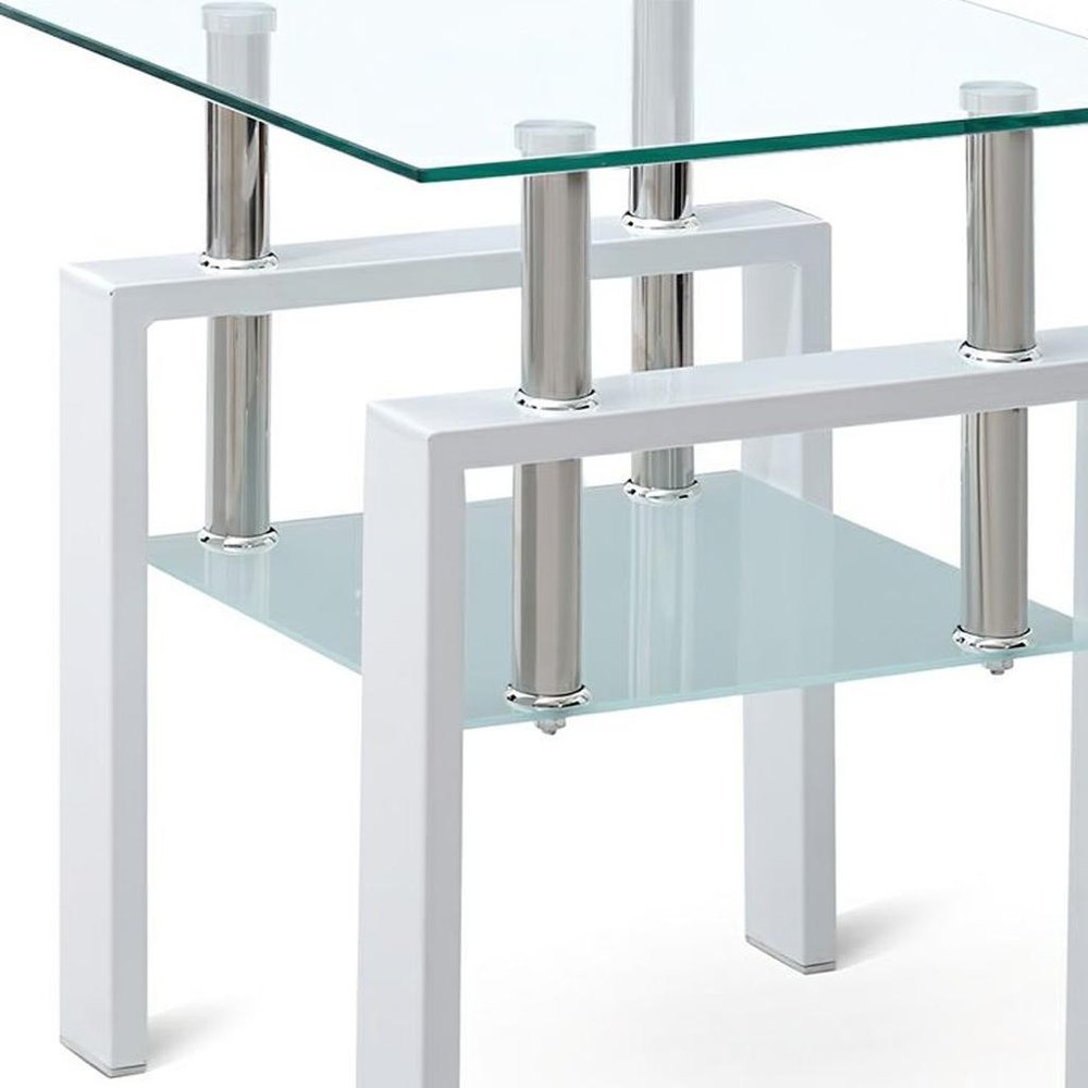 Set of Two Clear and White Glass and Metal Square End Tables With Shelf