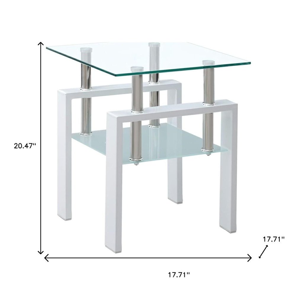 Set of Two Clear and White Glass and Metal Square End Tables With Shelf