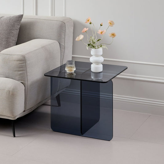 16" Smoky Black Glass Square Cross Legs End Table