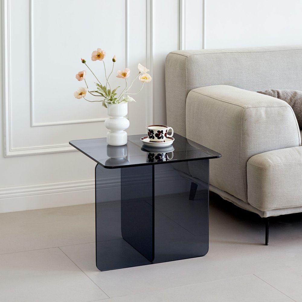 16" Smoky Black Glass Square Cross Legs End Table