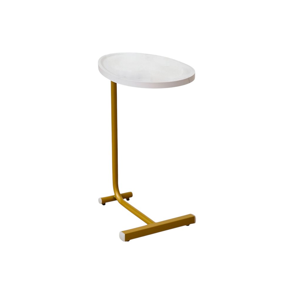 Set of Two White and Gold Faux Marble and Metal Oval End Tables