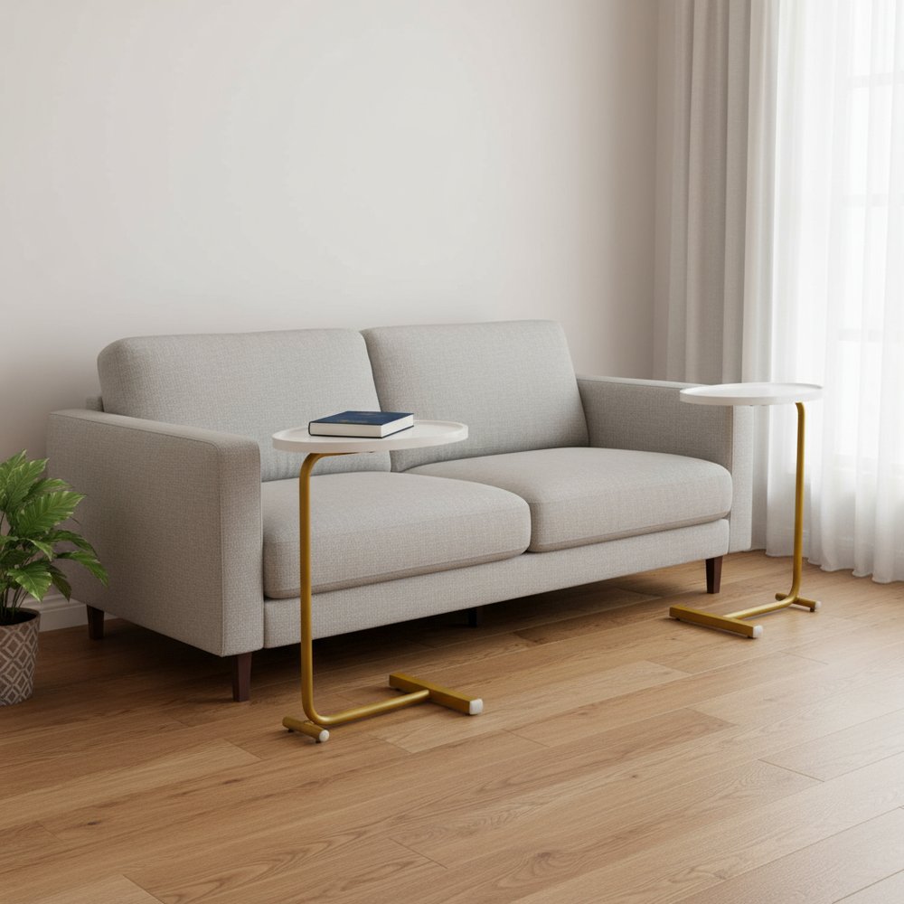 Set of Two White and Gold Faux Marble and Metal Oval End Tables