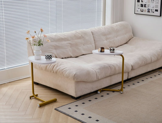 Set of Two White and Gold Faux Marble and Metal Oval End Tables