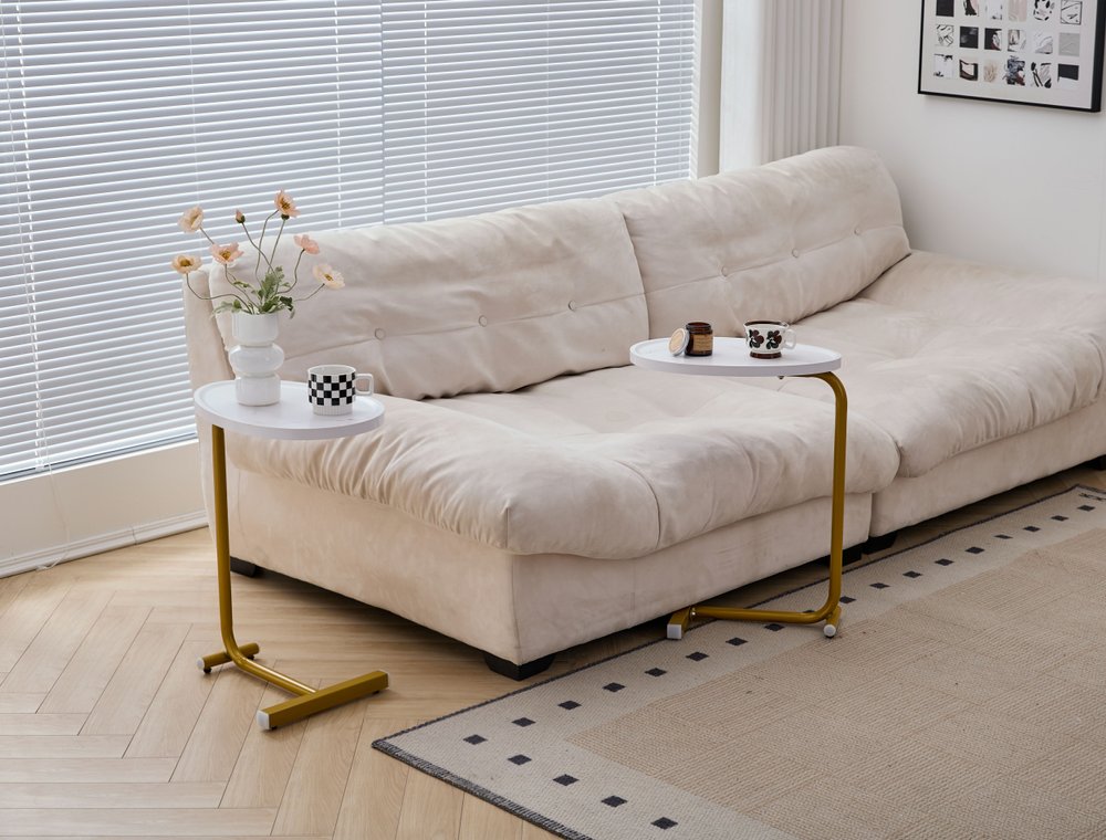 Set of Two White and Gold Faux Marble and Metal Oval End Tables