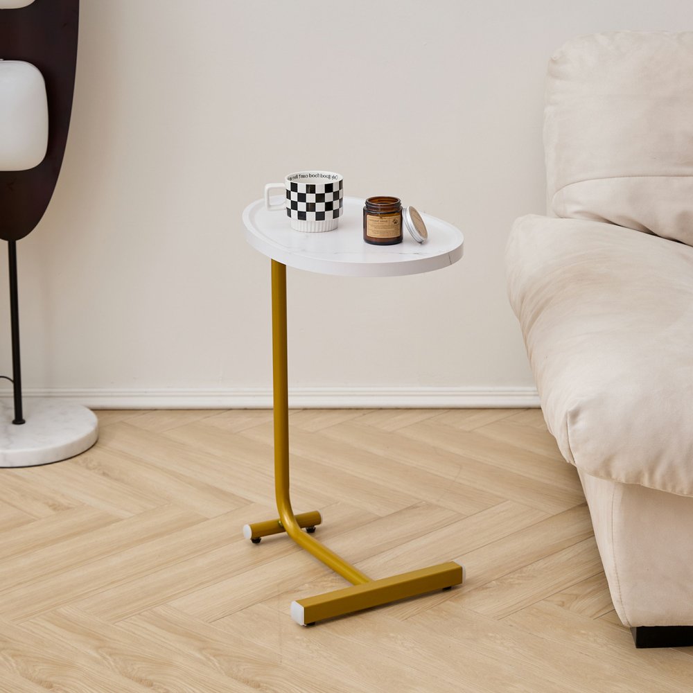 Set of Two White and Gold Faux Marble and Metal Oval End Tables